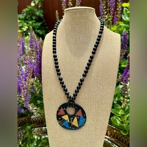 1980’s Sussudio Retro Modern Primary Shapes Black Pendant Necklace